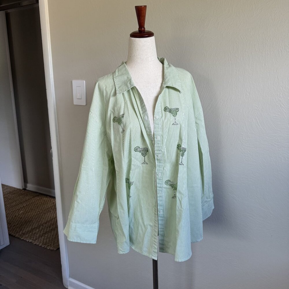 Tia  Striped Green Button Down Bedazzled Martini Marg Glass Size XL